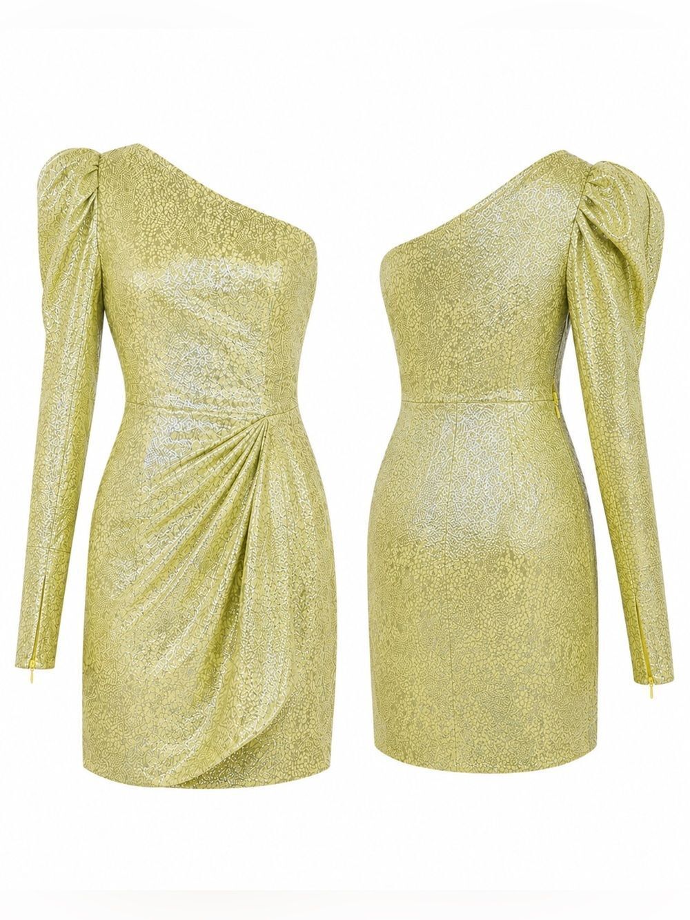 ML Monique Lhuillier One Shoulder Metallic Silk Dress 0